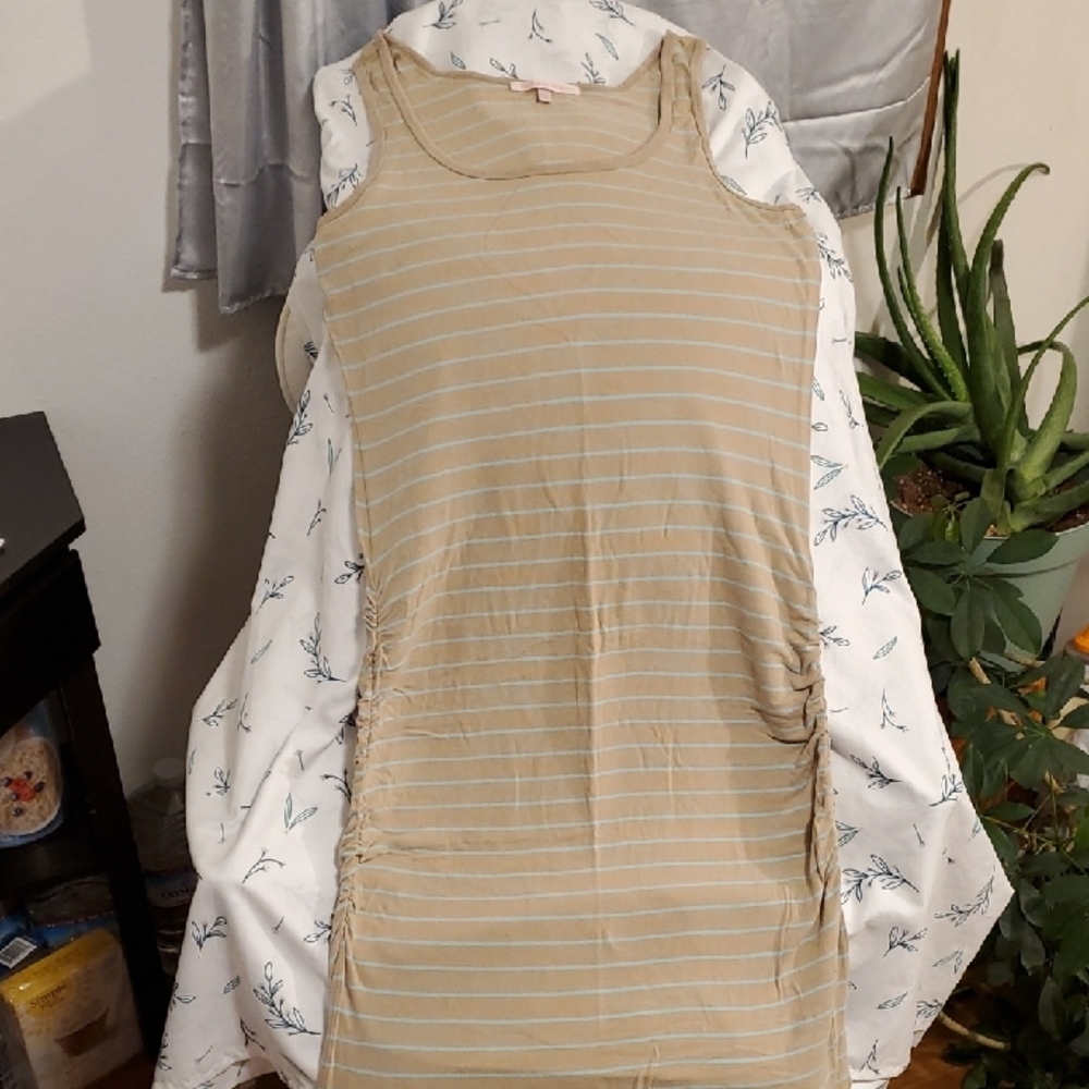 VICTORIAS SECRET Tan Ruched Tank DRESS Tall Length Size Large Side Slit Preowned